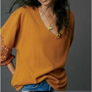 Anthropologie Marigold Orange Waffle Knit Floral Sleeve Blouse